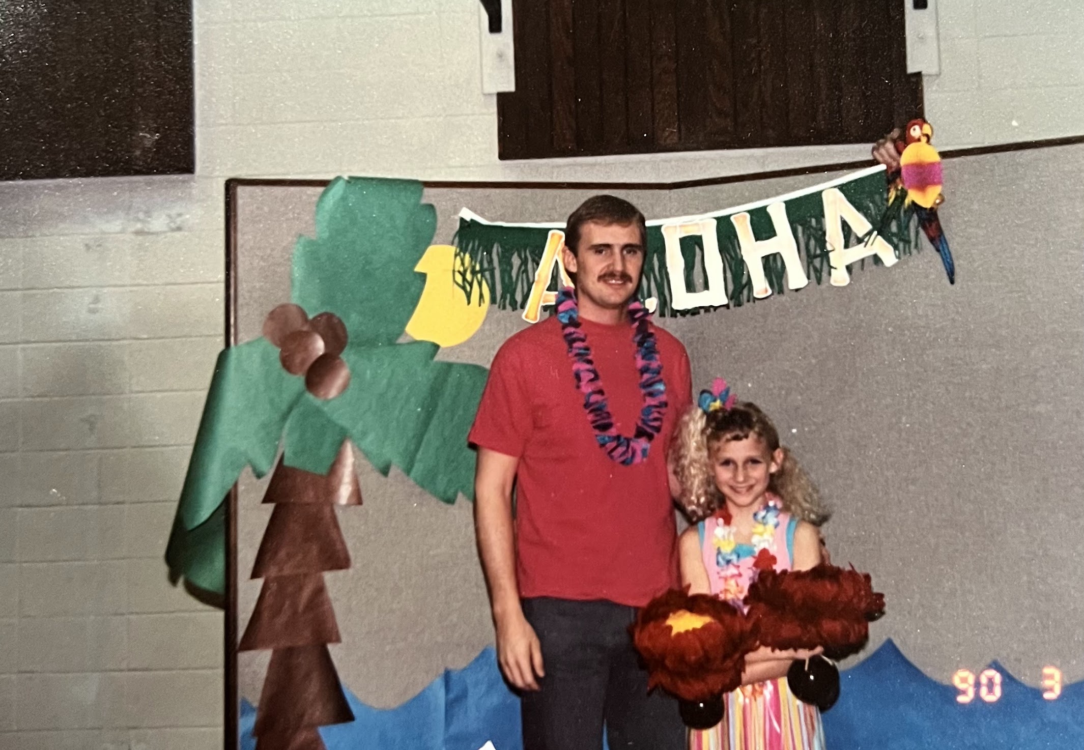 Karl and Chelsi at a Hawaiian-themed school night, March 1990.